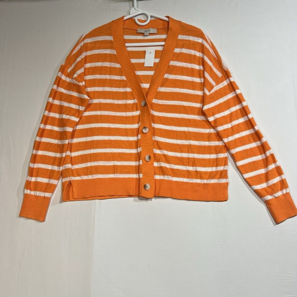 LOFT Striped V-Neck Cardigan Sweater Orange & White Women’s Size M Medium NWT